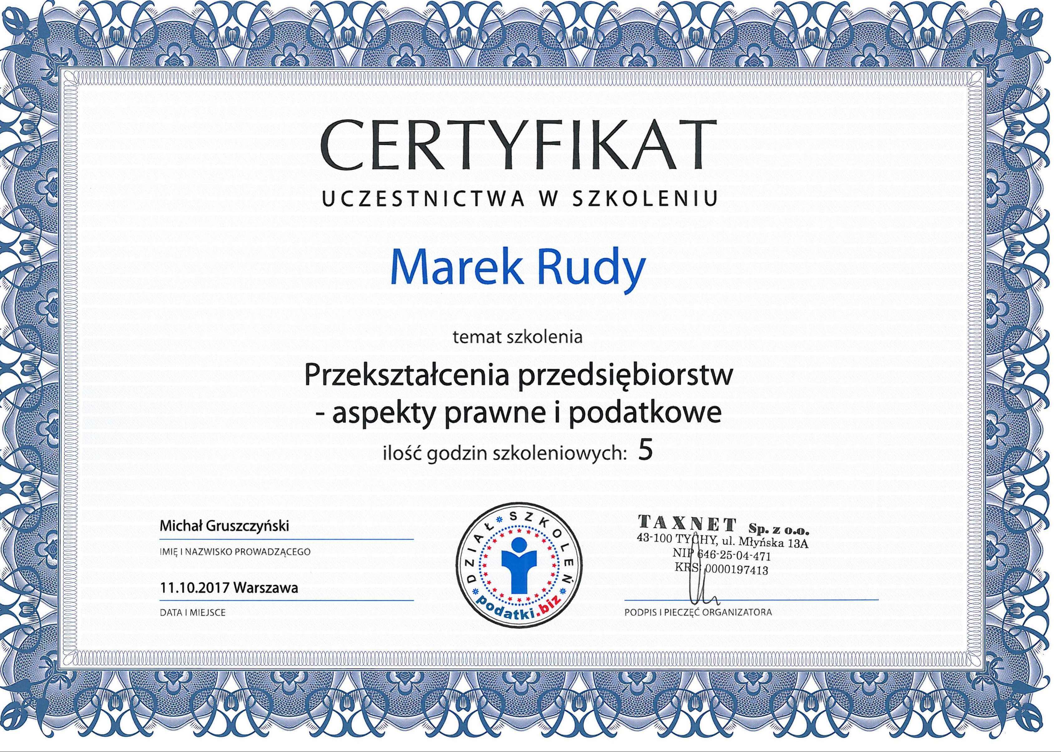 Certyfikat szkolenia przekształcenia przedsiębiorców Marek Rudy Exor groupLublin zespół ekspertów biznesowych mdr consulting